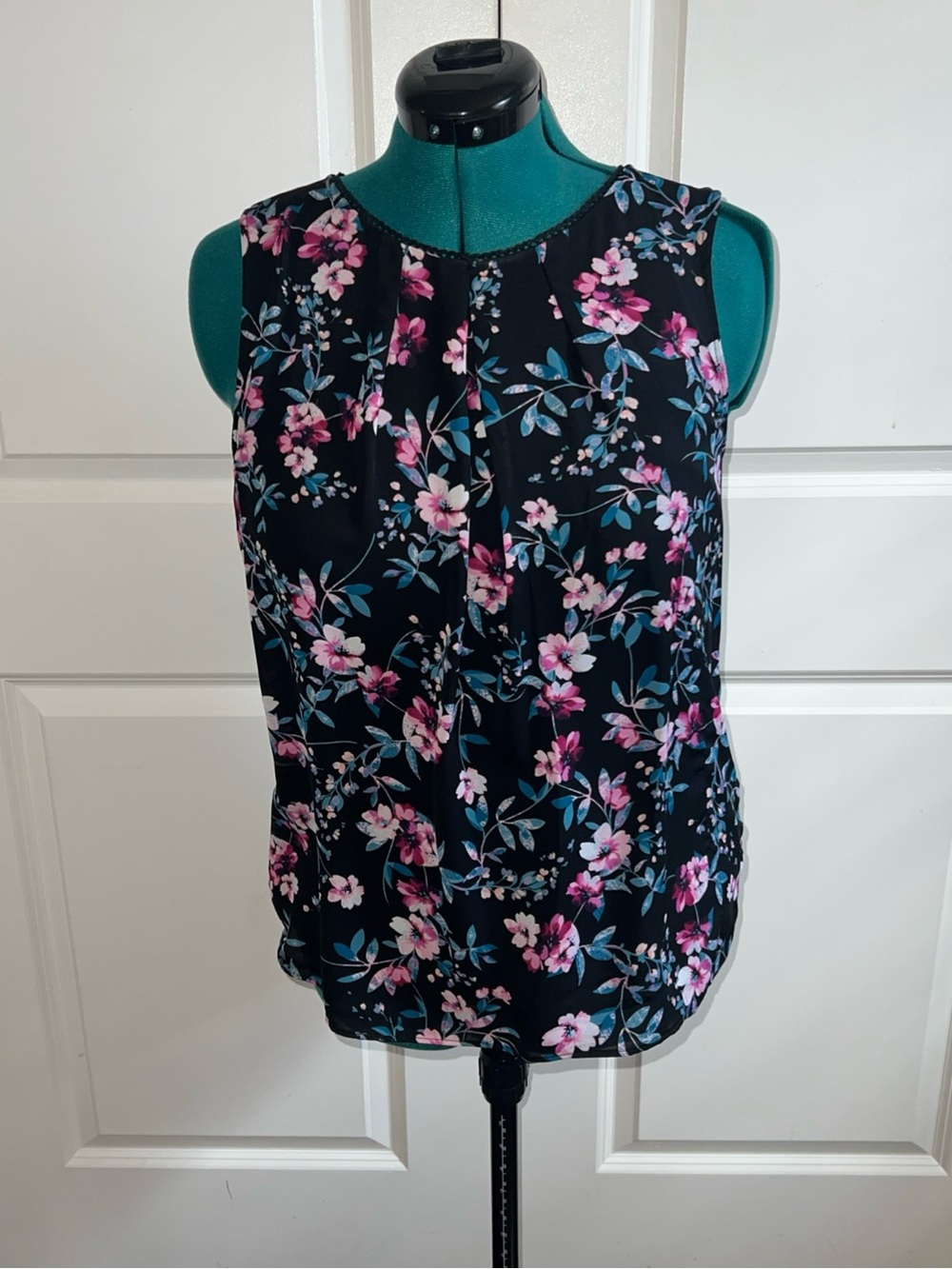Elle Black Floral Sleeveless Blouse with Pink & Blue Blossoms